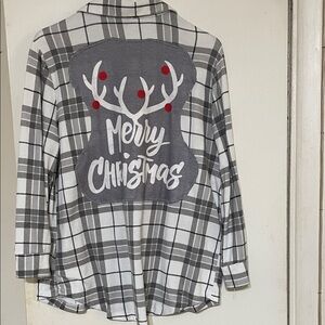 Plaid Button Down Shirt with Christmas Design - Gray